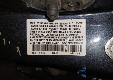2019 Honda Civic Lx from USA, damaged, VIN 19XFC2F60KE034491